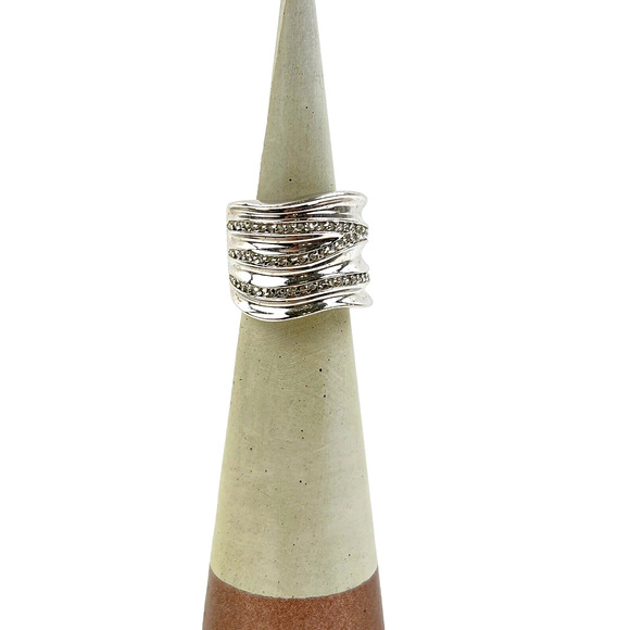 Lia Sophia Revved Up Ring Silver Tone Wide Band Wavy Rows Faux Rhinestones 7 - Picture 2 of 9